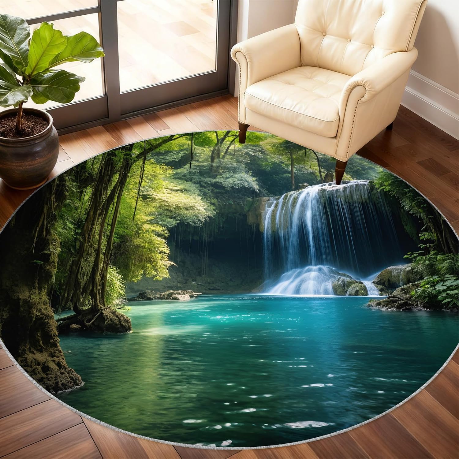 Home Bathroom Scene - Luxury Round Waterproof Area Rug Mat