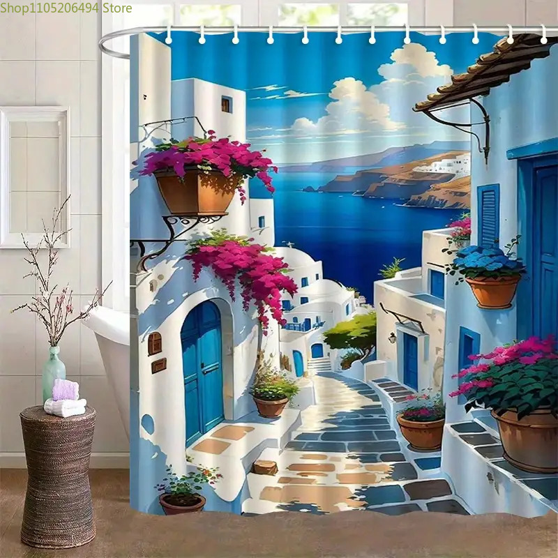 Home Bathroom Ideas - Santorini Greek Island Shower Curtain Blue